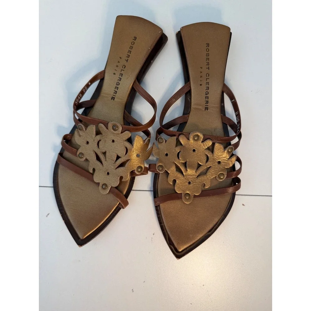 Robert Clergerie Paris Leather Floral Strappy Flat Sandals Brown Bronze Size 7